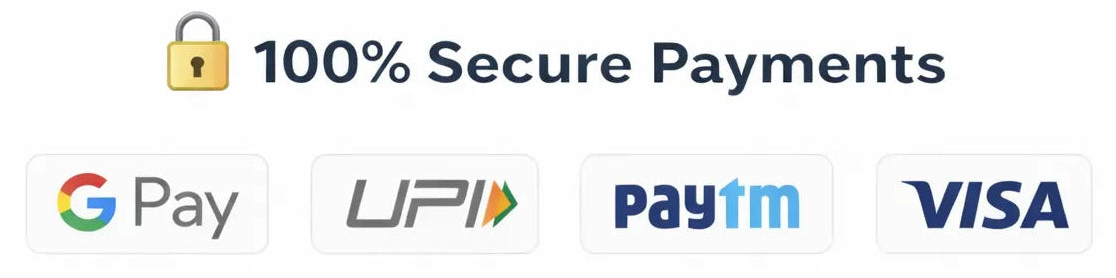 Logos of Google Pay, UPI, Paytm, and Visa with a 100% secure payments label on a white background.